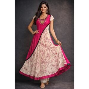 TARUNI INDIAN ETHNIC WOMENS JEWELS PINK & WHITE  BLING FLOWING DRESS SZ L